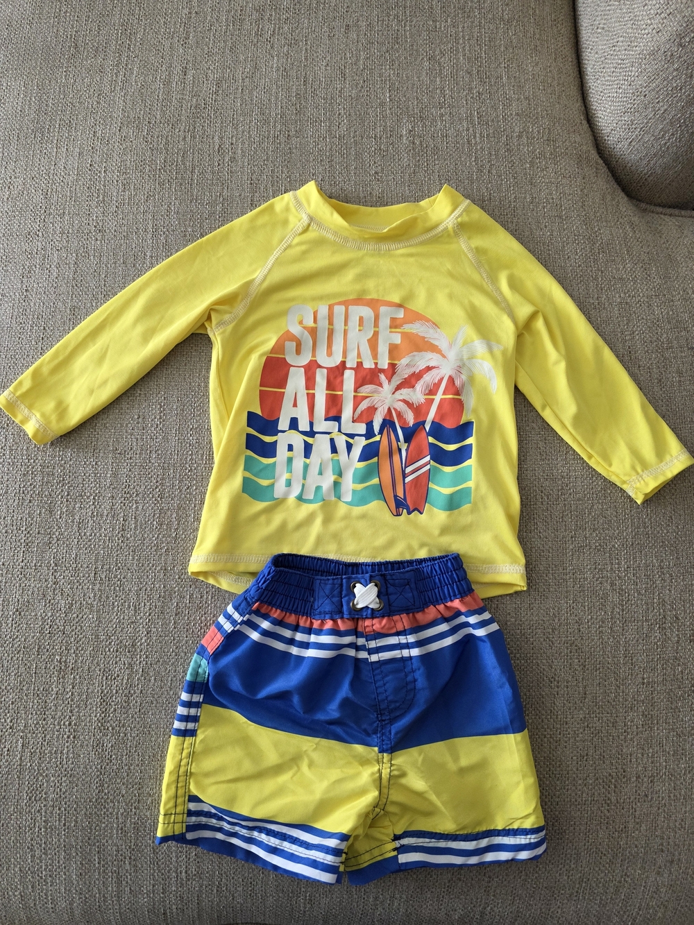 Kids Yellow 'Surf All Day' Long-Sleeve Rashguard & Blue Swim Shorts Set